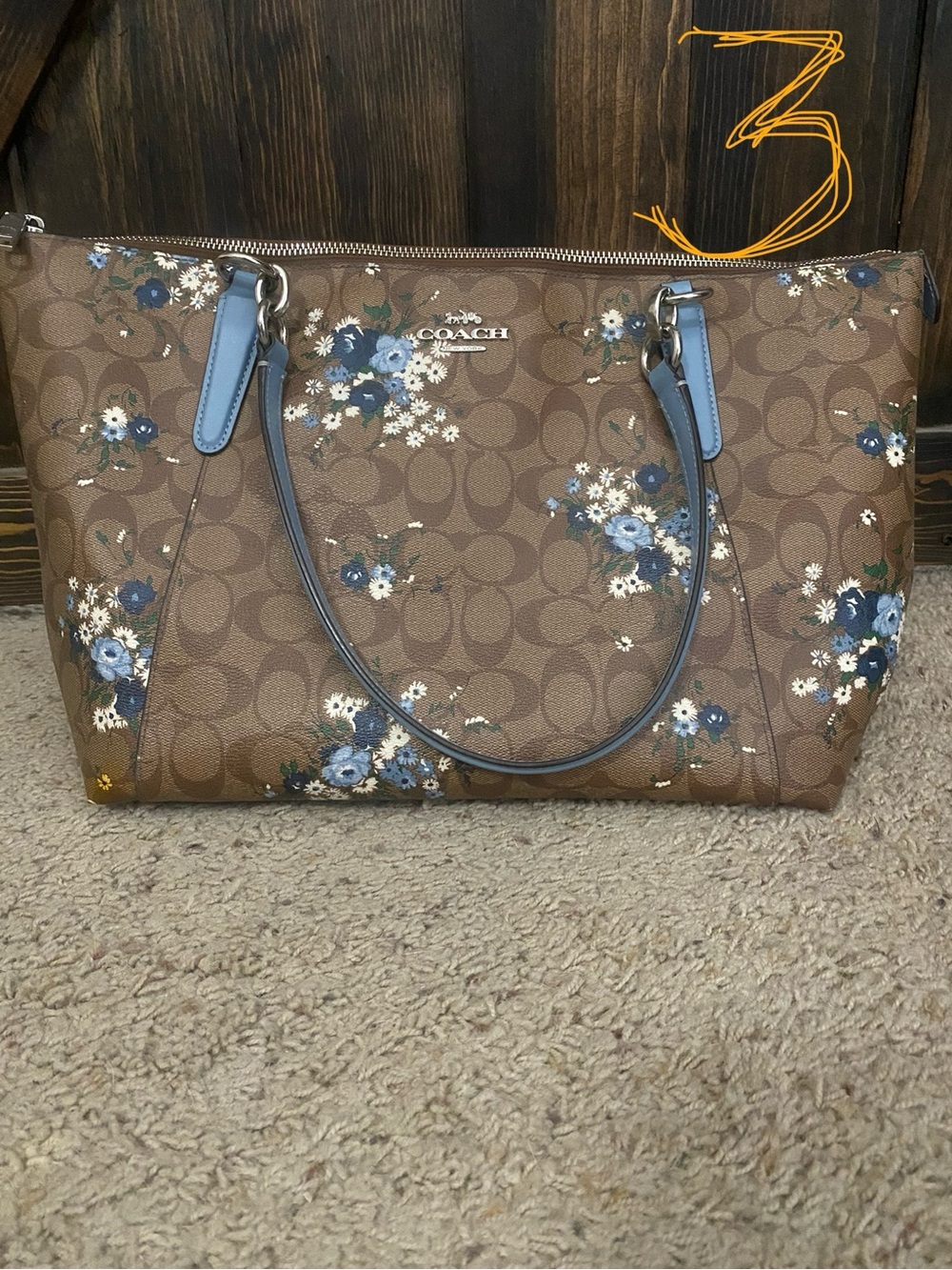 COACH Brown Signature Floral Tote with Blue Trims